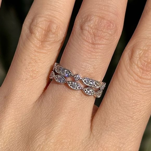 Aia Jewelry Jewelry - Wedding Stackable Rings, 1.5MM Dainty Brilliant Cut Pave Eternity Ring Set